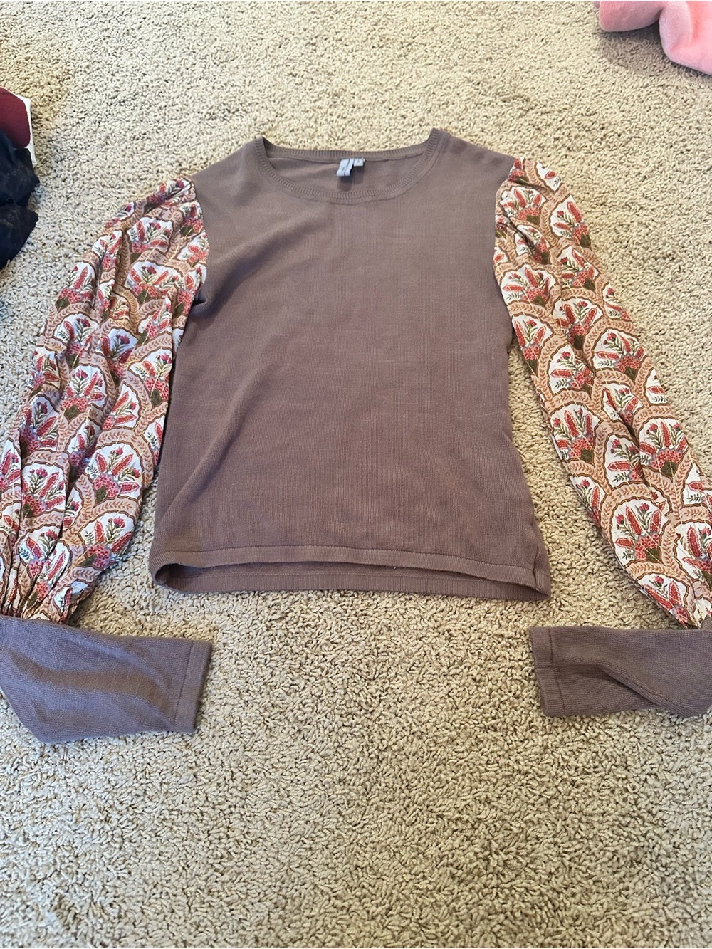 Brown Top with Printed Puff Sleeves - Women